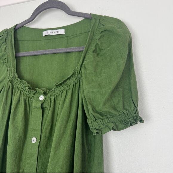Sleeper | Brigitte 100% Linen Mini Dress Puff Sleeves Button Down Olive Green S - Picture 3 of 9